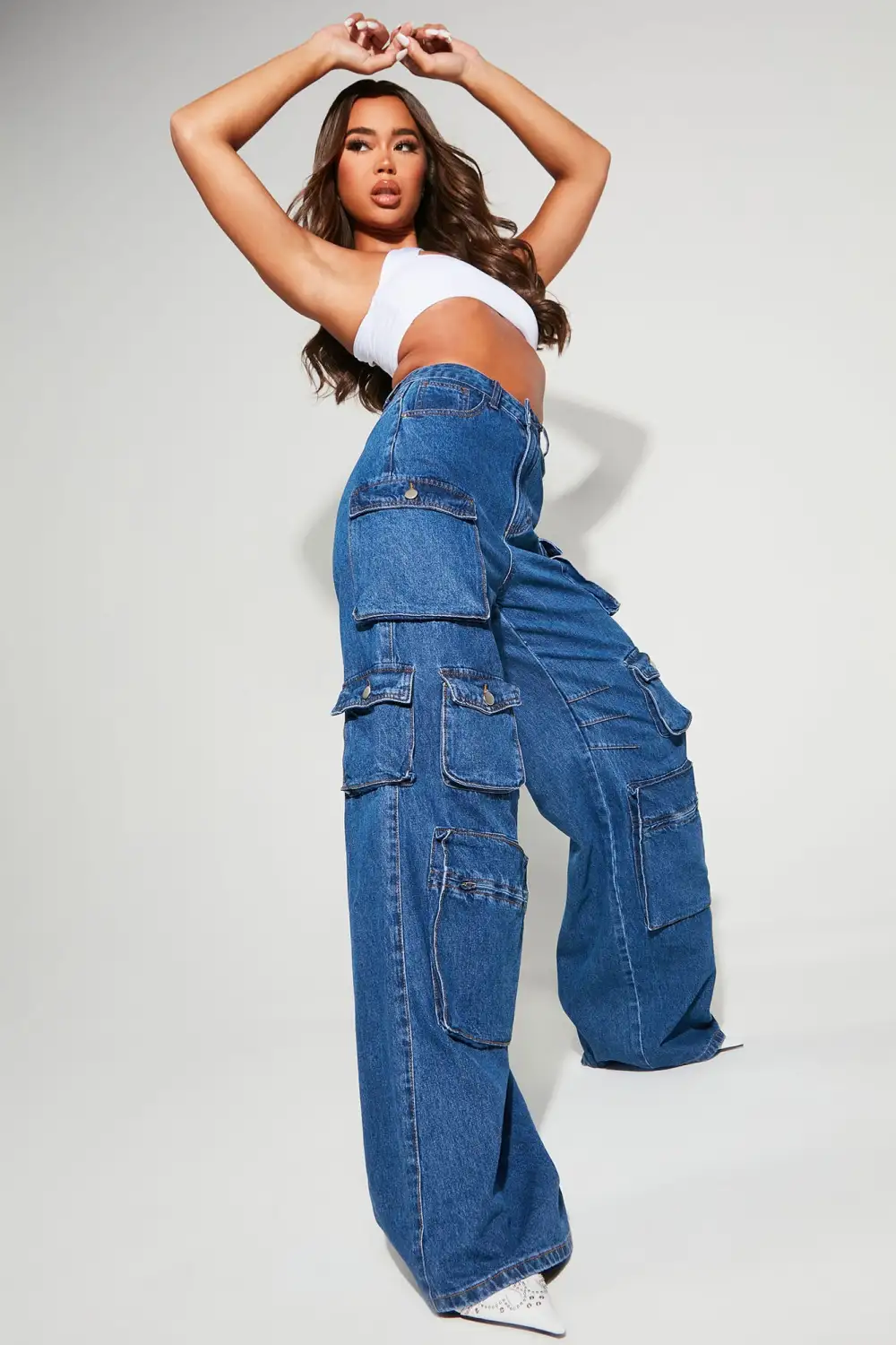 Petite Lily High Rise Cargo Jeans - Medium Blue Wash
