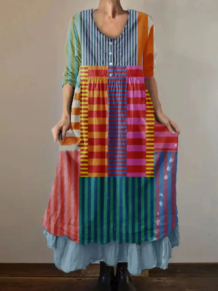 Women'S Striped Square Contrasting Pattern Casual Dress