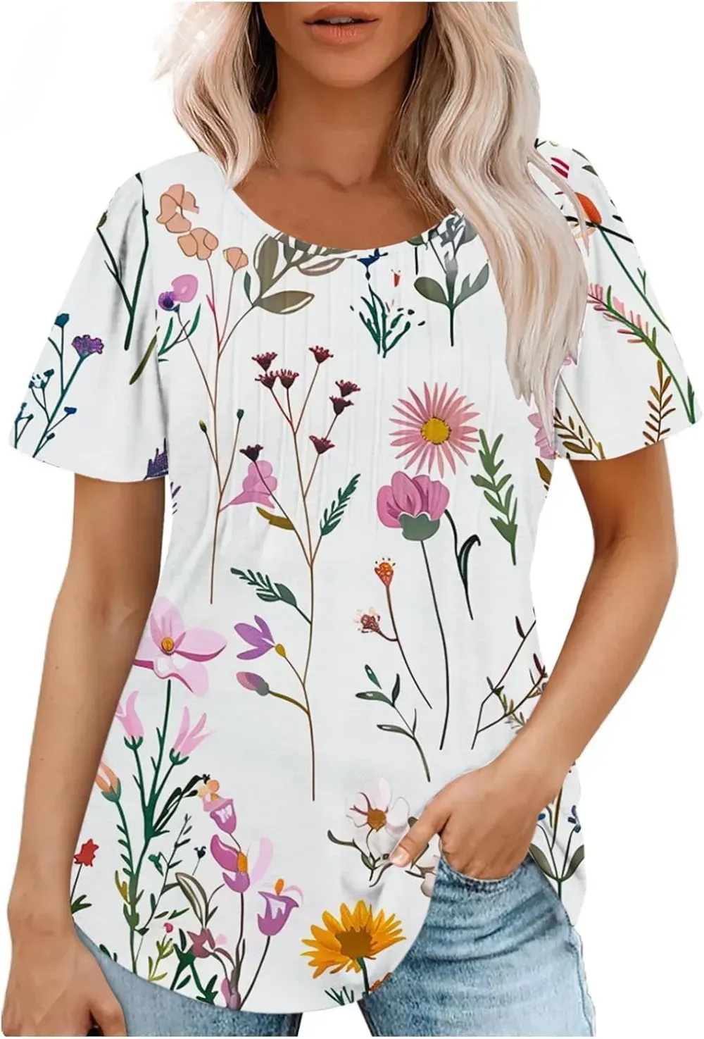 Womens Summer Pleated Front Shirts Tunics Casual Short Sleeved Loose Round Neck Boho Printed Tops Vacation Blouse