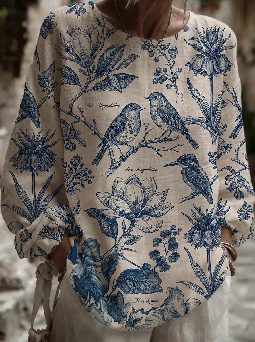 Women's Nashville Nature Lover Bird and Flower Printed Top
