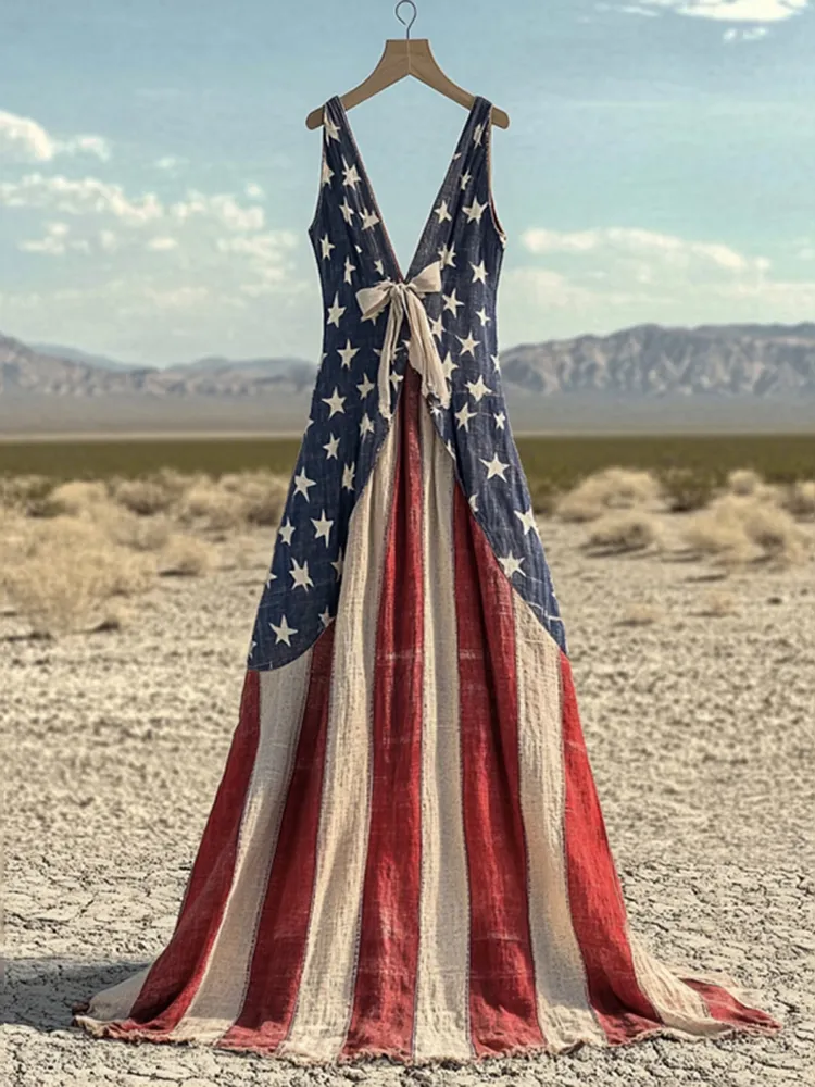Women's Vintage Independence Day Flag V Neck Maxi Dress