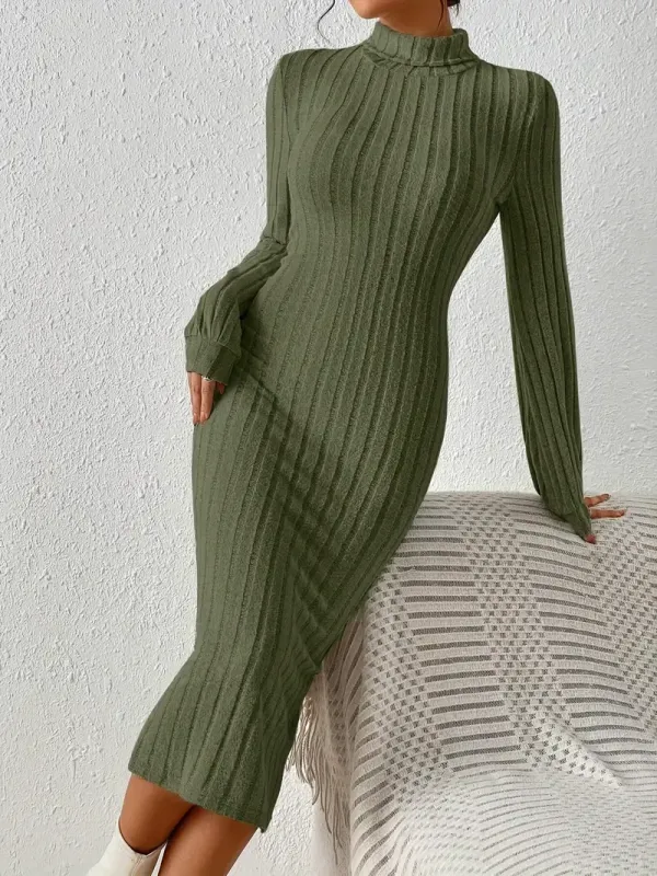Ribbed Solid Bodycon Dress, Elegant Turtleneck Long Sleeve Dress, Women's Clothing