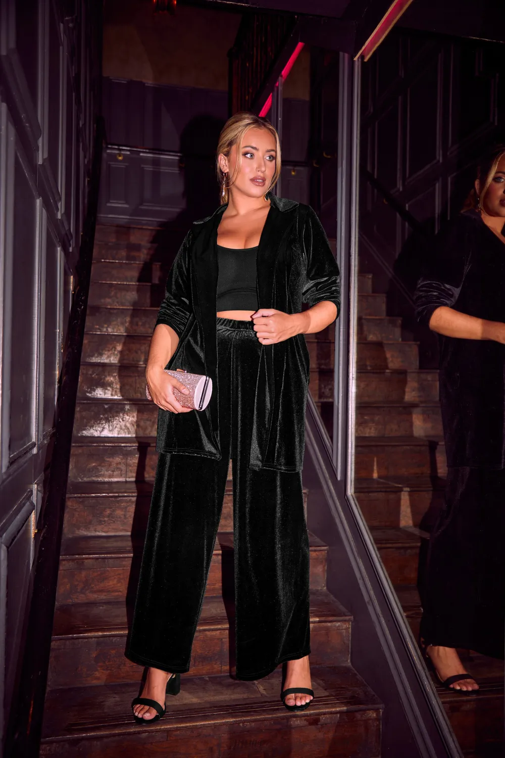 YOURS Curve Black Velvet Stretch Wide Leg Trousers