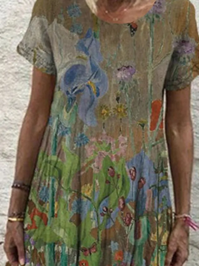Women's Casual Dress Shift Dress Long Dress Maxi Dress Wine Blue Green Short Sleeve Floral Print Summer Spring Crew Neck Vintage Vacation Summer Dress Spring Dress 2023 S M L XL XXL 3XL