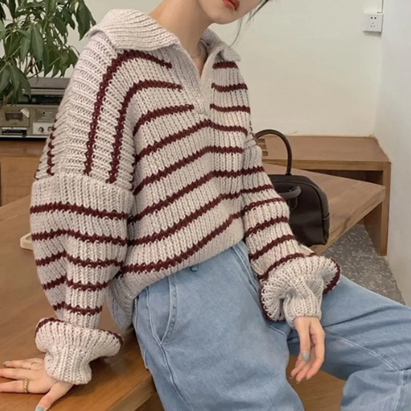 V Neck Striped Lapel Knitted Sweater