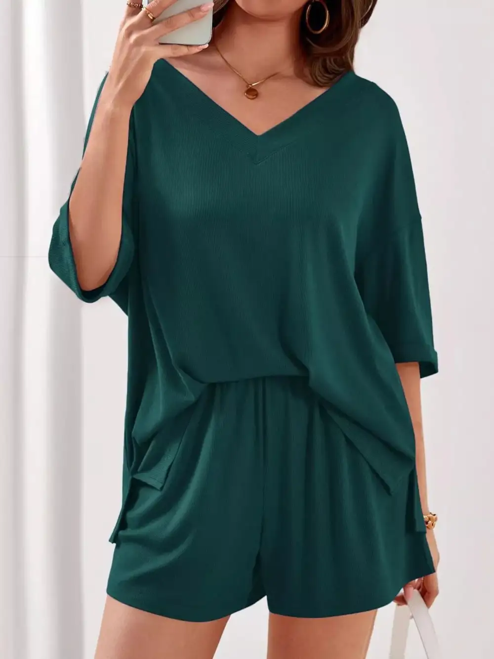 Casual V Neck Top Shorts Set