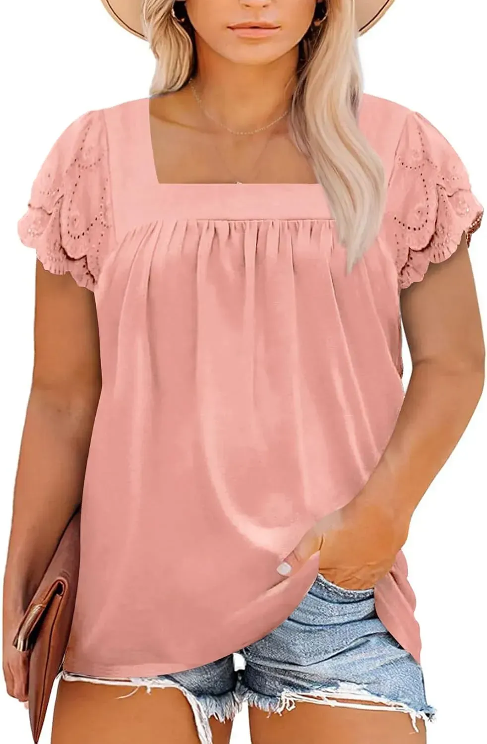 Eytino Womens Plus Size Tops Ruffle Short Sleeve Square Neck Summer Loose Casual Tee Shirts(1X-5X)