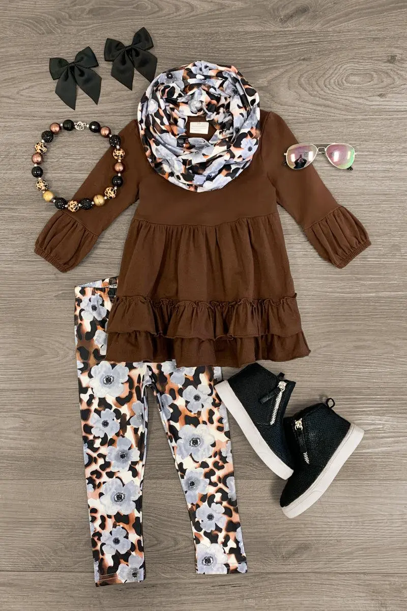 Brown Leopard Floral Scarf Set