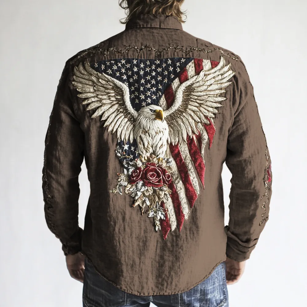 Western Style Flag & Bald Eagle Embroidered Art Men's Long Sleeve Shirt