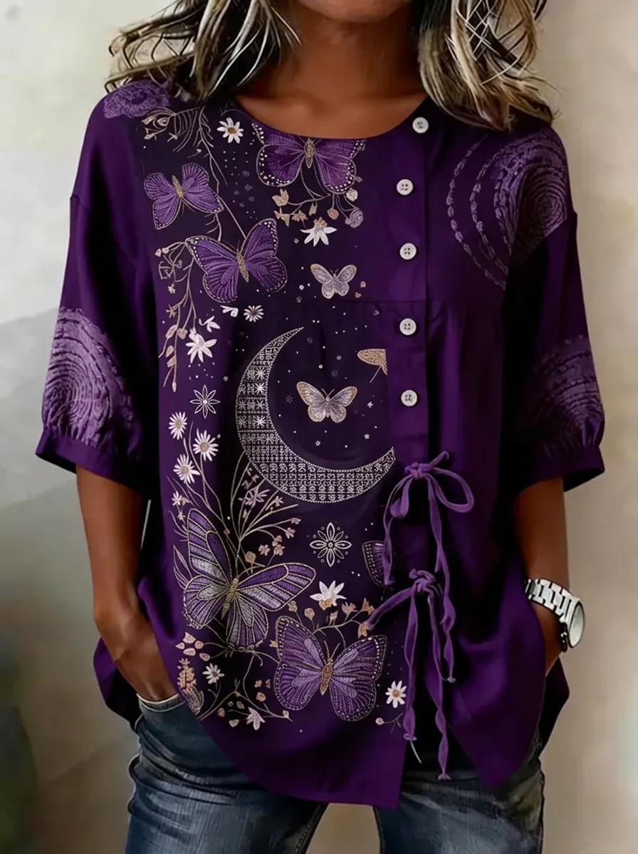 Women's Nashville Butterfly Moon Floral Printed Button Top