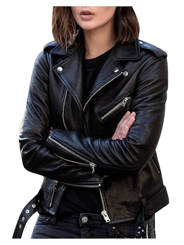Women's Faux Leather Jacket Fall Moto Biker Coat Waterproof Street Wear with Pocket Zipper Turndown Casual Outerwear Long Sleeve Winter Windproof Black Blue Wine M L XL