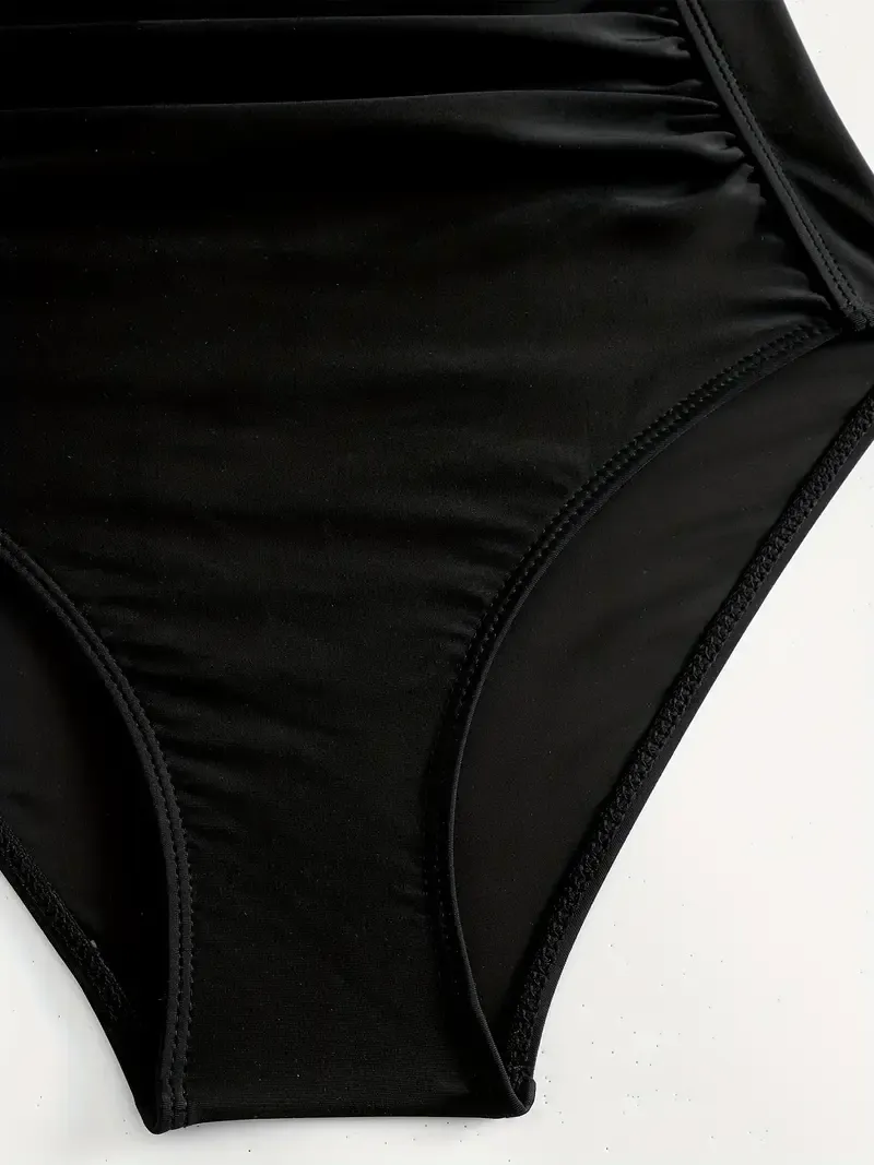 Ruched Halter Backless One Piece Swimsuit, Black Tie Neck Stretchy Solid Color Bathing Suit, Women's Swimwear & Clothing