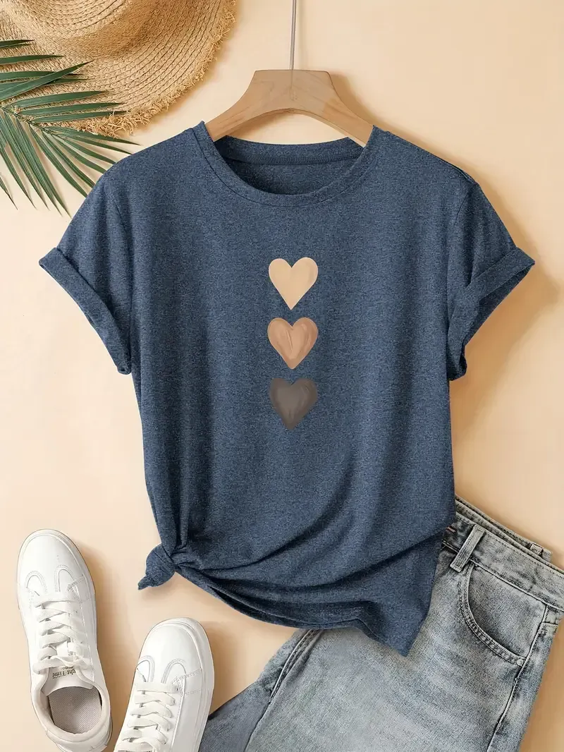 Heart Print Casual T-Shirt, Crew Neck Short Sleeves Sports Tee, Women's Activewear
