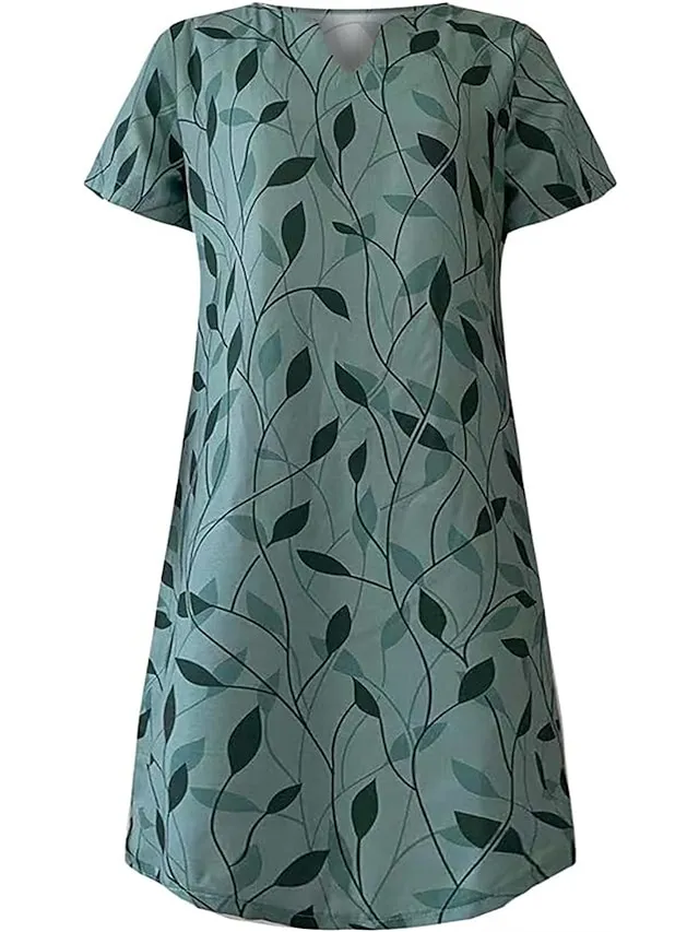 Women's Casual Dress Shift Dress Midi Dress Blue Green Short Sleeve Leaf Print Fall Spring Summer V Neck Basic Daily Vacation Summer Dress 2023 S M L XL XXL XXXL