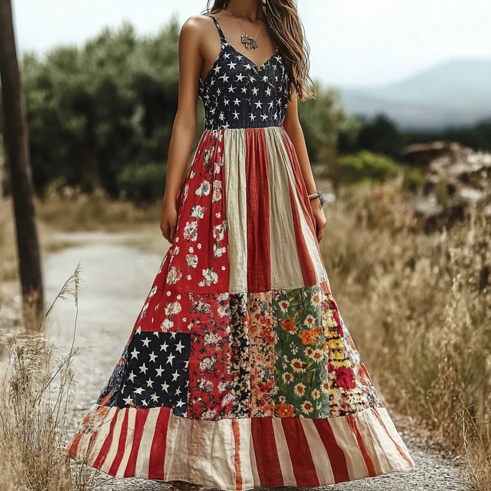 American Flag Vintage Boho Floral Women's Linen Slip Dress
