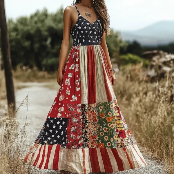 American Flag Vintage Boho Floral Women's Linen Slip Dress