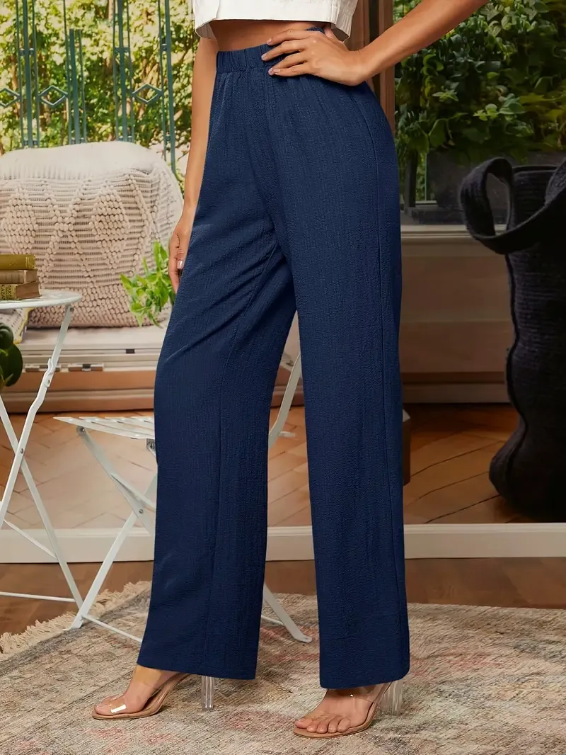 Elegant Women's Navy Blue Straight-Leg Pants - High-Waisted, Textured Fabric with Elastic Waistband, Machine Washable, All-Season Comfort