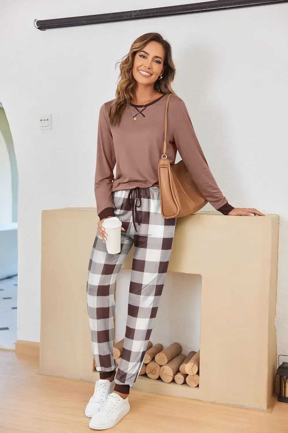 Women's Pajamas Sets Long Sleeve with Plaid Pants Soft Sleepwear O Neck 2 Piece Pjs Joggers Loung Set with Pockets