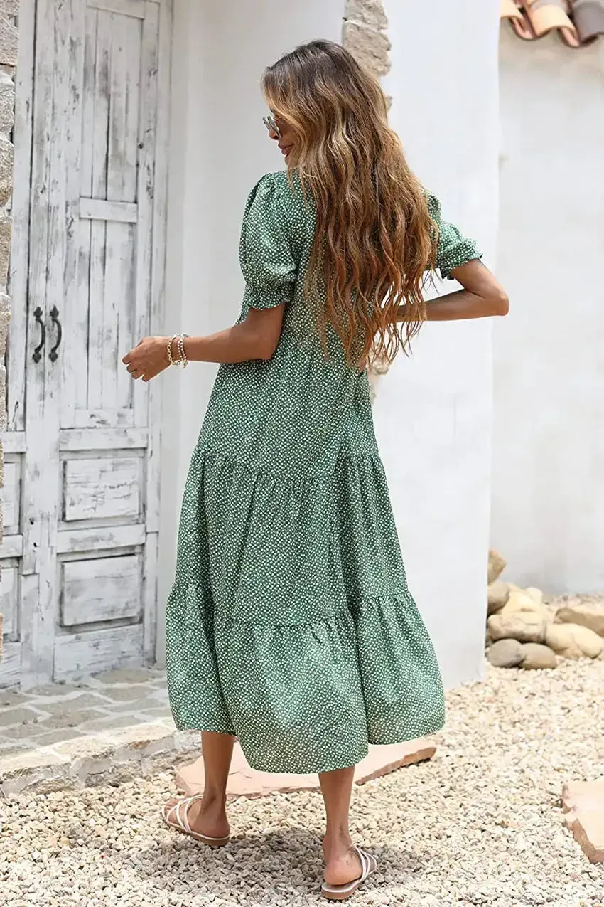 Floral Print Ruffle Puff Sleeve High Waist Midi Dresses