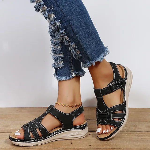 Women's Sandals Wedge Sandals Comfort Shoes Plus Size Outdoor Daily Beach Summer Flat Heel Open Toe Vintage Classic Casual Walking Shoes Faux Leather Magic Tape Solid Color Solid Colored Black Brown