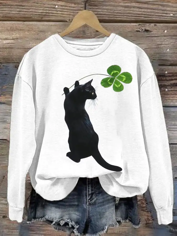 Women's Clover Cat Print Crew Neck Sweatshirt