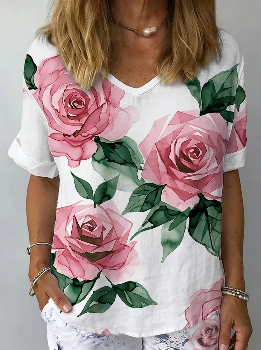 Women's Nashville Floral Rose Printed V-neck T-shirt