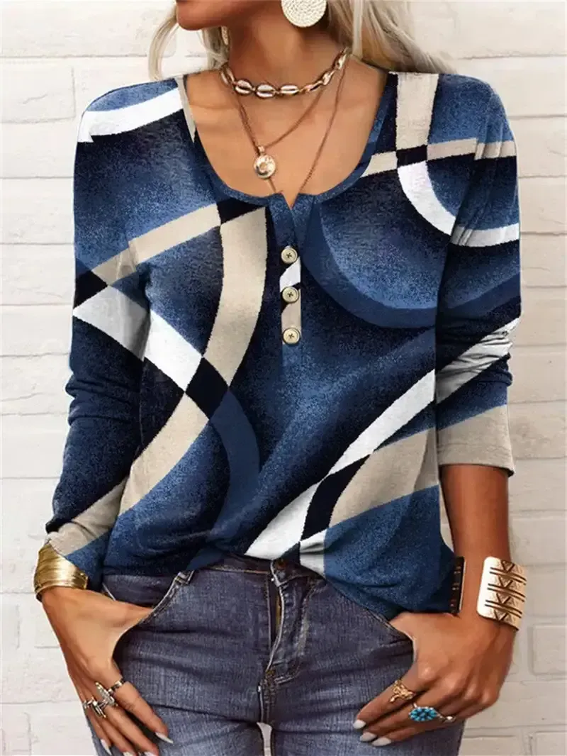 Women Long Sleeve Shirt Collar Printed Graphic Women Tops