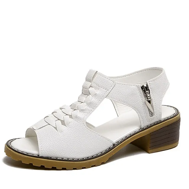 Women's Sandals Block Heel Sandals Daily Beach Summer Block Heel Low Heel Peep Toe Casual PU Leather PU Zipper Solid Color Solid Colored Black White Beige