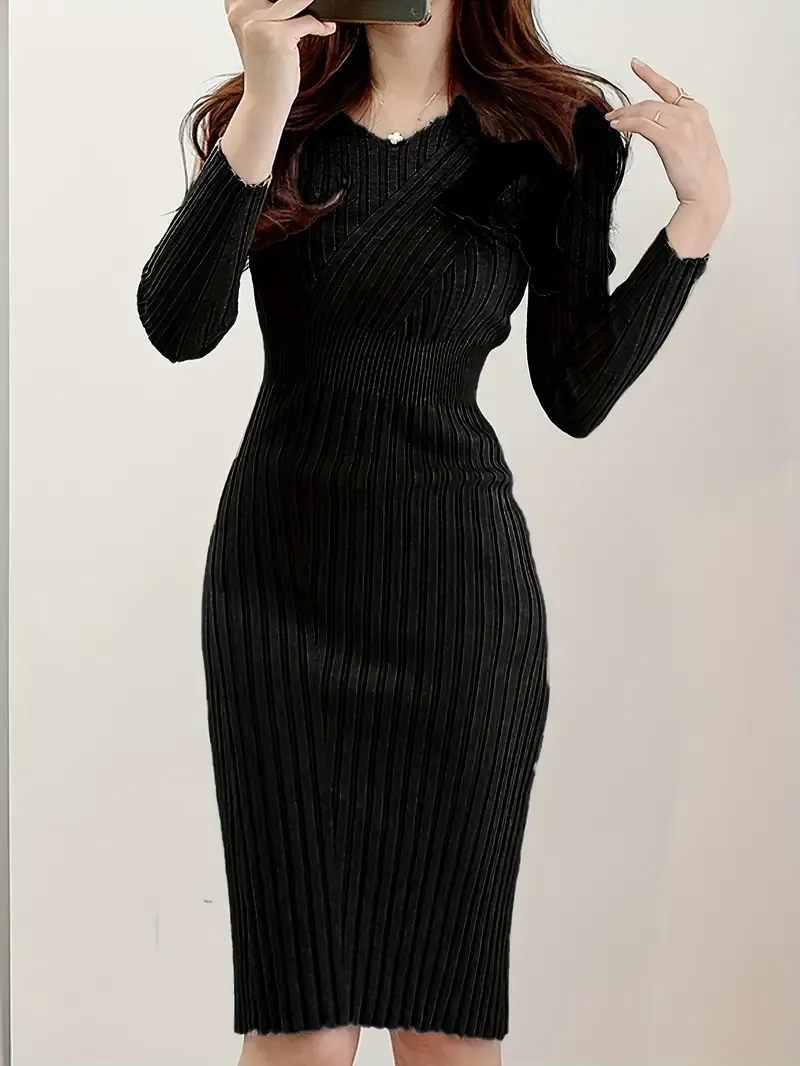 Vintage-Inspired Ribbed Knit Midi Dress for Women - Chic V-Neck with Waist Cinching, Long Sleeves, Bodycon Fit, Machine Washable - Perfect for Fall, Solid Black