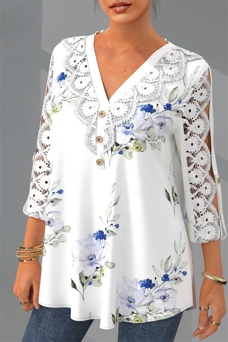 Plus Size Lace Patchwork V Neck Floral Print Blouse/Top