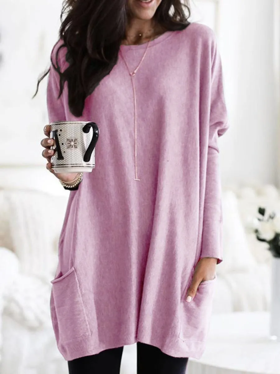 Casual Pocket Long Sleeve Round Neck T-Shirt
