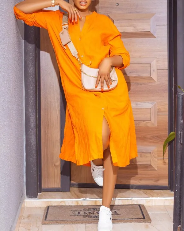 Button Front Slit Shirt Dress2