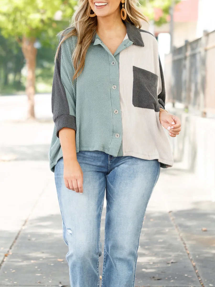 没有分类-Spliced contrasting button pocket shirt