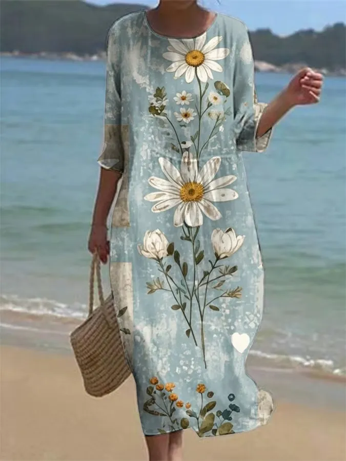Women's Casual Round Neck Mid-Sleeve Floral Print Cotton Linen Dress