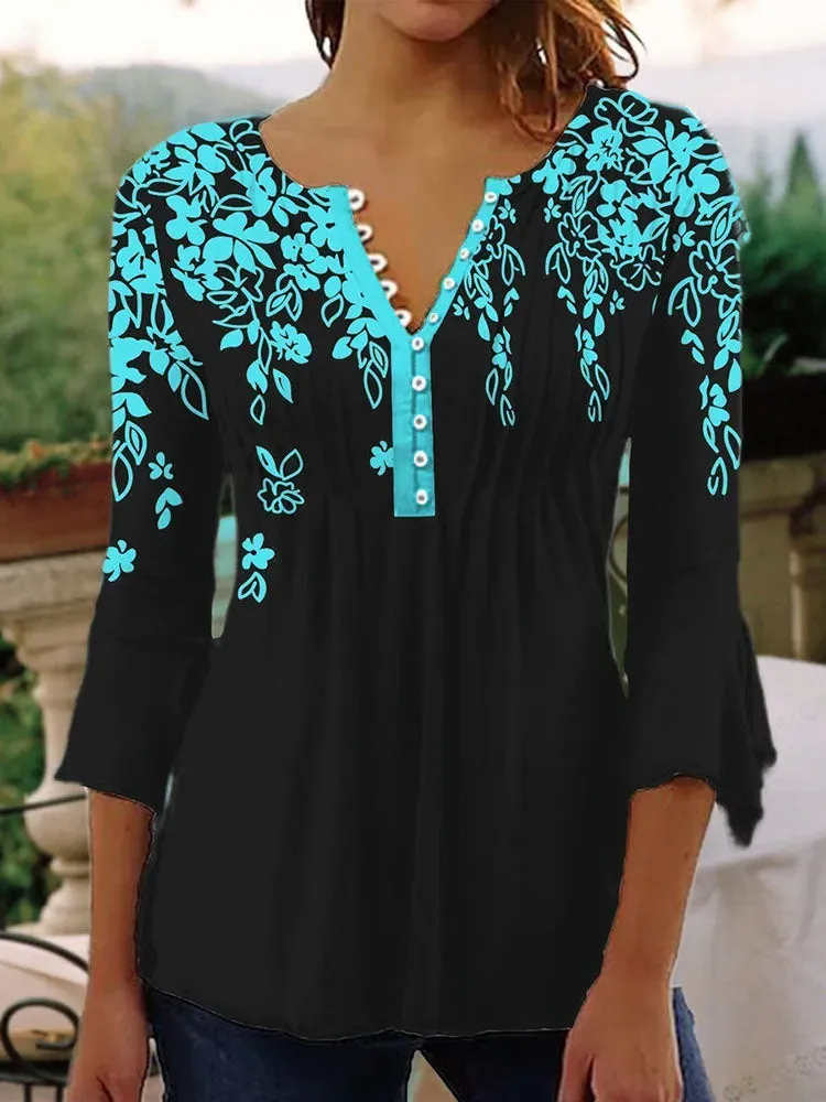 Round Neck Casual Creative Flower Print T-Shirt