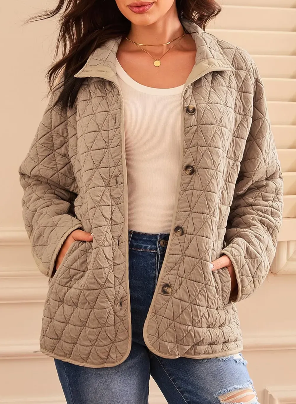 Women's Lightweight Diamond Quilted Jacket Casual Winter Open Front Button Down Puffer Coat Outwear Cardigan