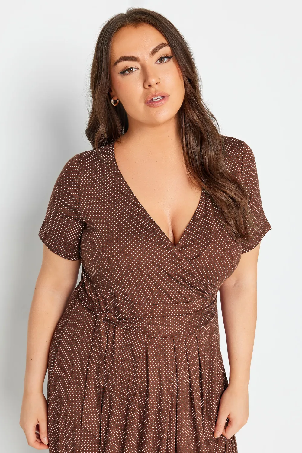 YOURS Curve Brown Dot Print Maxi Wrap Dress