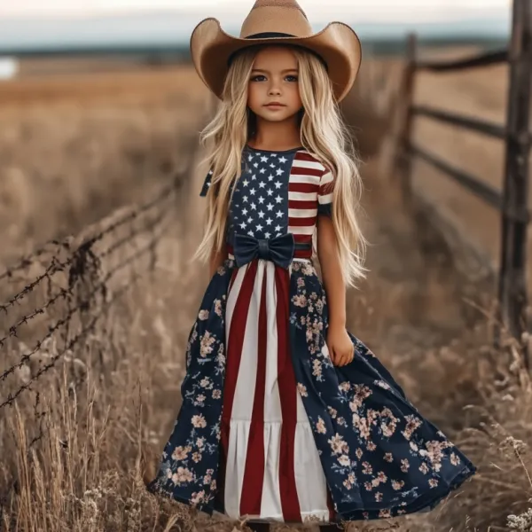 Young Girl's Patchwork Independence Day America Flag Print Linen Short Sleeve Dress（with Belt）
