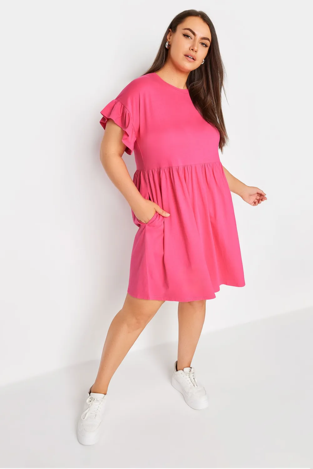 YOURS Curve Black & White Stripe Frill Sleeve Smock Tunic Dress