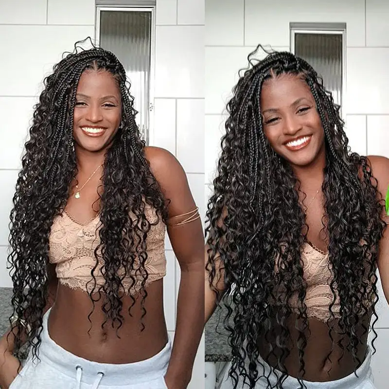 Pre-looped Crochet Human Hair Boho Box Braids Loose Deep Wave Human Hair Curls Ends, Reusable Hair