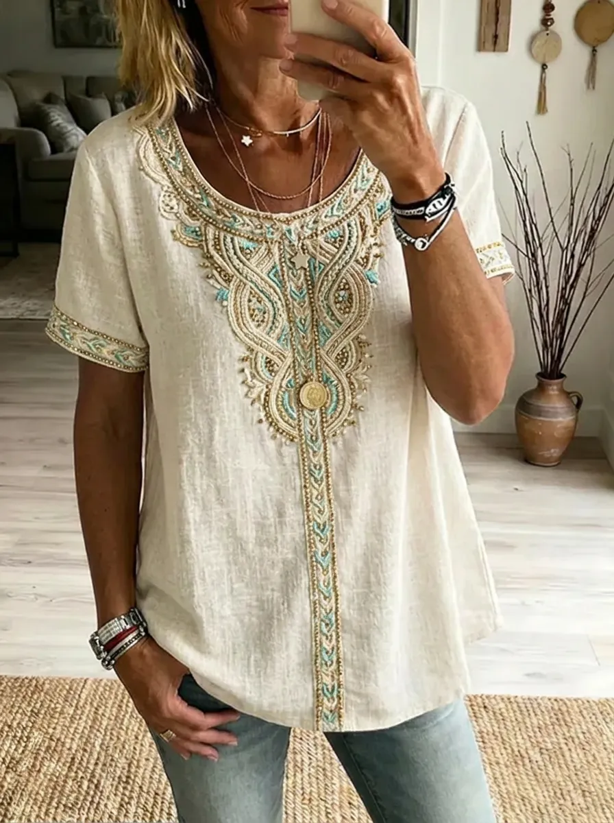 Women's Nashville Boho Turquoise Gold Embroidered Printed Top