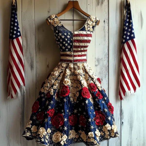 Vintage Independence Day Rose Art Tank Midi Dress