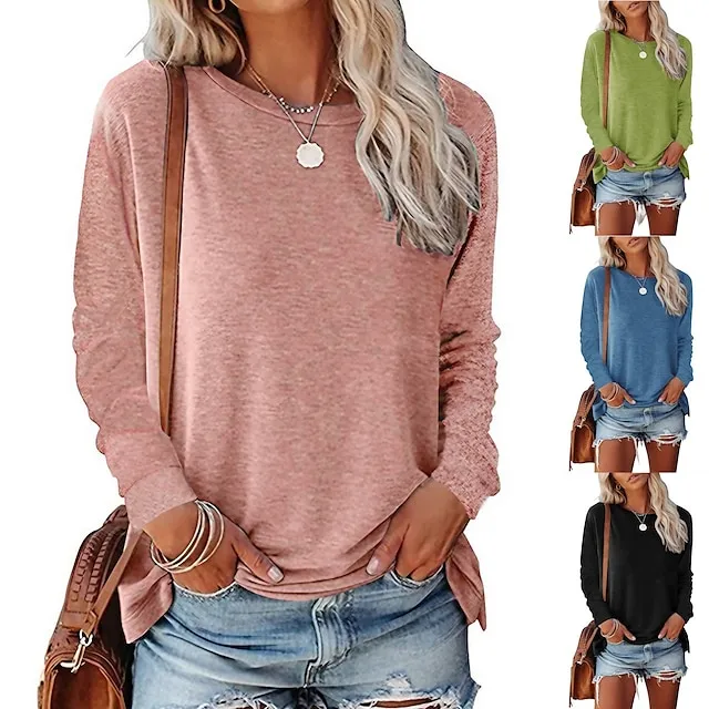 Women's Blouse Basic Plain Basic Round Neck Regular Fall Green Black Blue Pink Grey