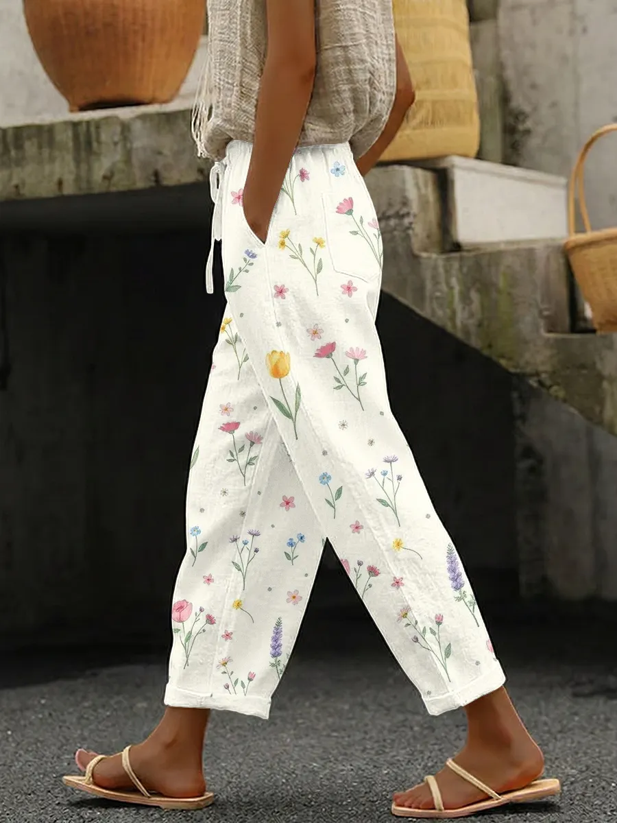 Women's Minimalist Plant Printed Cotton And Linen Pants
