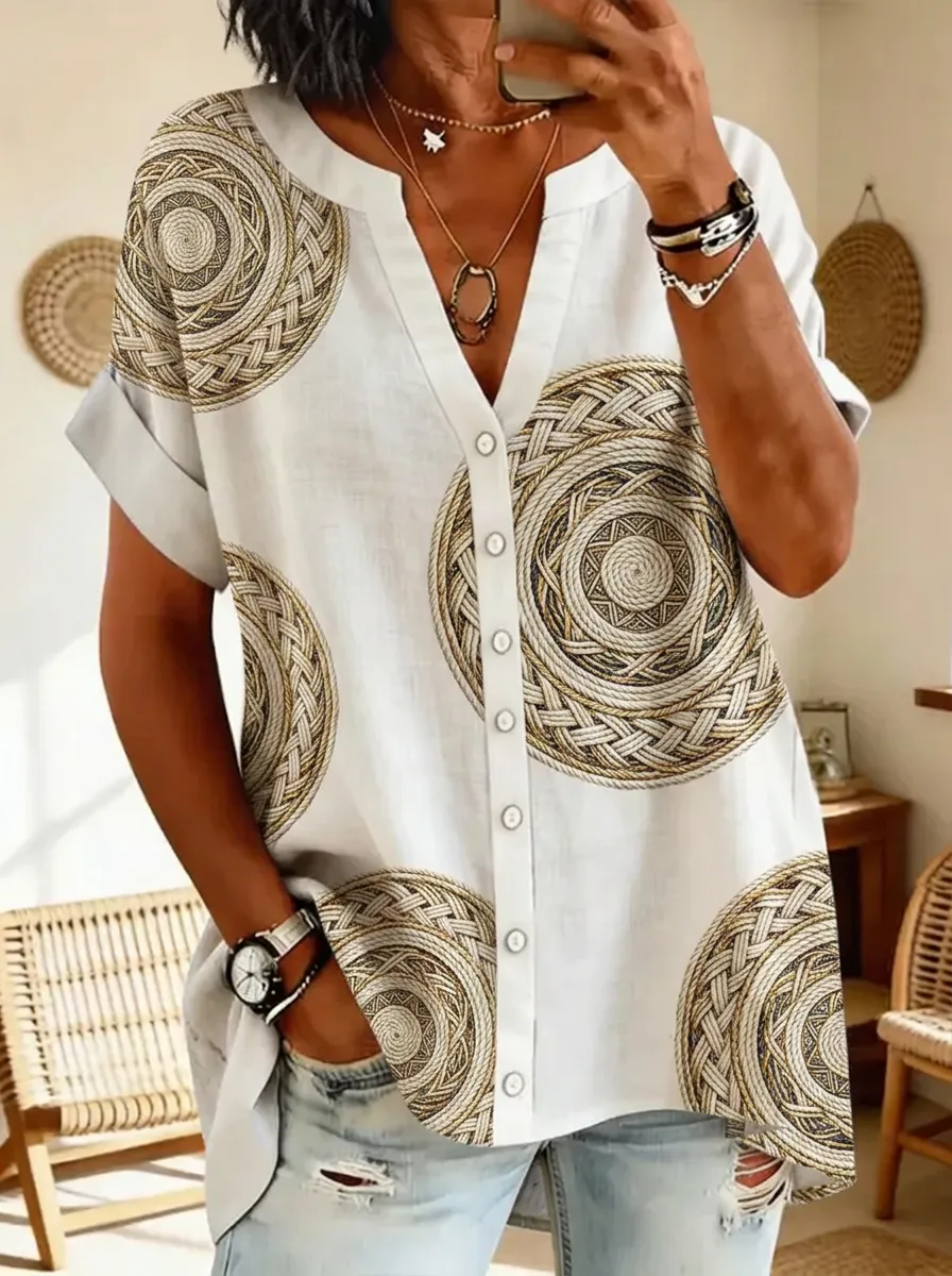 Women's Nashville Boho Geometric Circle Printed Button-Down Shirt