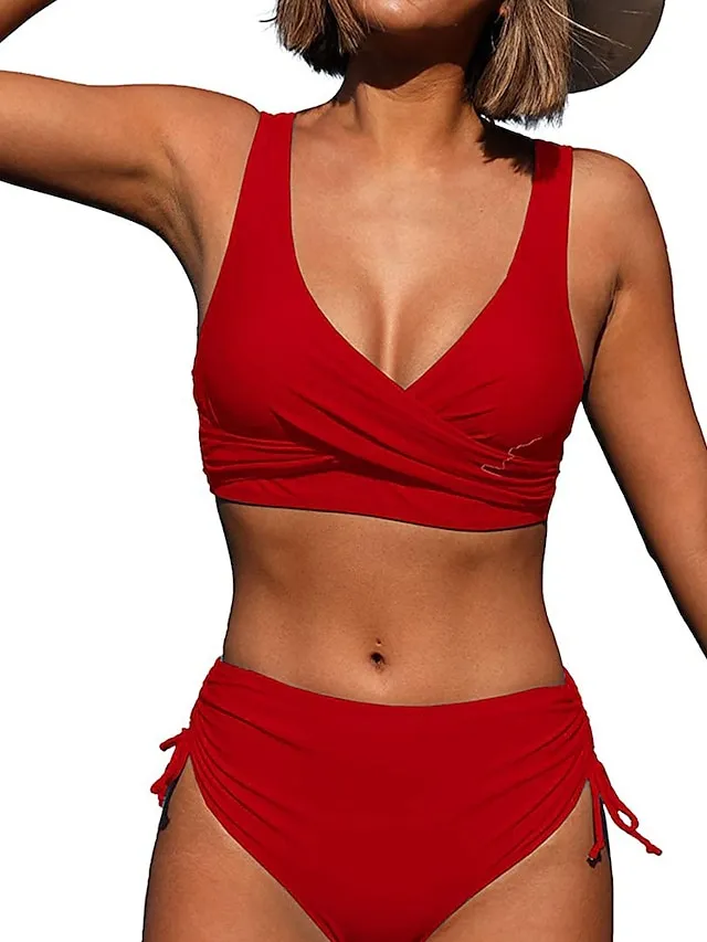 Women's Swimwear Bikini 2 Piece Normal Swimsuit Pleated 2 Piece High Waist Open Back Sexy Pure Color Black Red Fuchsia Green Padded V Wire Bathing Suits Sexy Vacation Stylish