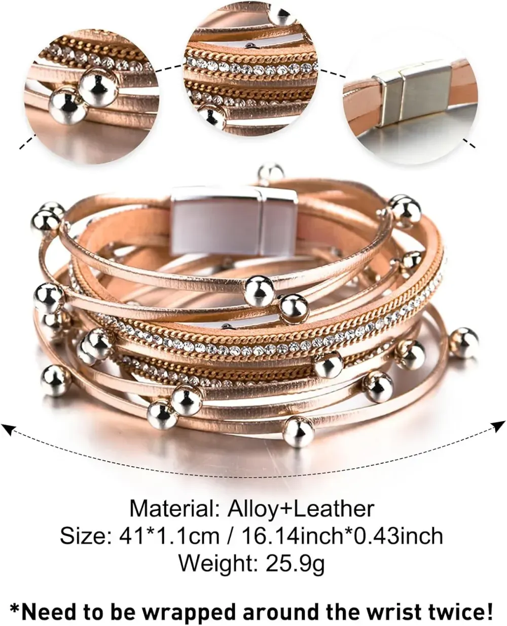 Fesciory Leather Wrap Bracelets for Women, Boho Leopard Multi-Layer Crystal Beads Cuff Bracelet Jewelry