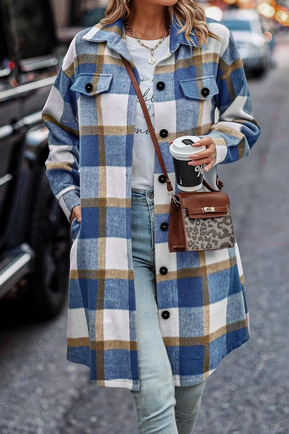 Women's Plaid Shacket 2023 Long Sleeve Button Up Flannel Shirt Winter Tartan Jacket Woolen Coats