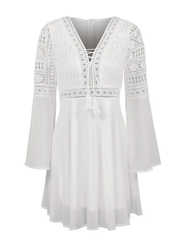 Women‘s Chiffon Dress White Black Long Sleeve Pure Color Tassel Fringe Patchwork Summer Spring V Neck Hot Sexy Fall Dress Slim 2023 S M L XL /Summer Dress