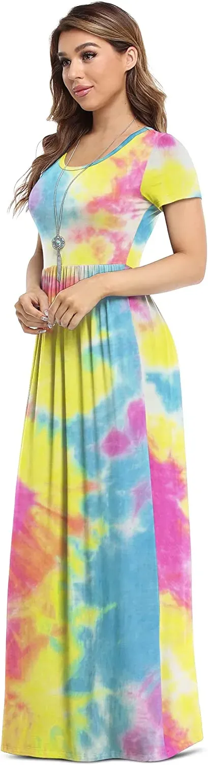 Women's Short Sleeve Loose Plain Maxi Dresses Casual Long Dresses with Pockets